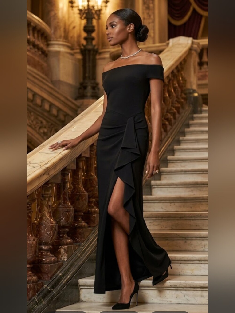 NWT Donna Karan Black Off-The-Shoulder Ruffle Gown Size 12